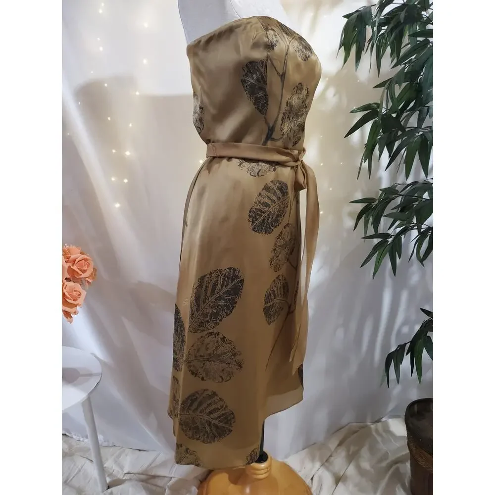 Talbots Vtg 100% Silk Leaf Tie Waist Strapless Dress Womens Size 10 Gold Beige